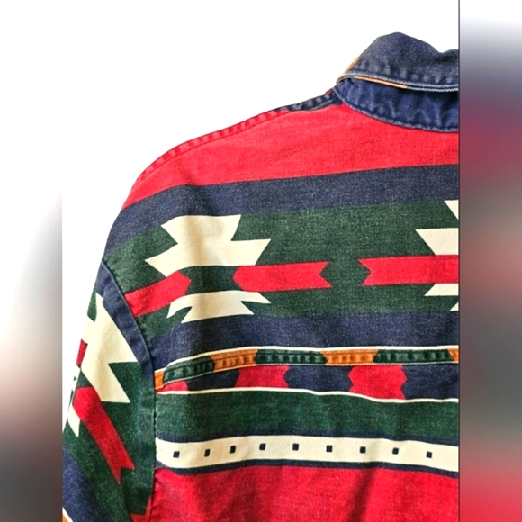 Vintage Men's New River J. Riggings Western Aztec Denim Longsleeve Button Up Top - Picture 6 of 13